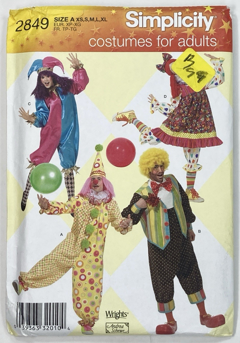 Simplicity 2849 UNCUT Adult Clown Jester Costume Pattern XS-XL Andrea Schewe